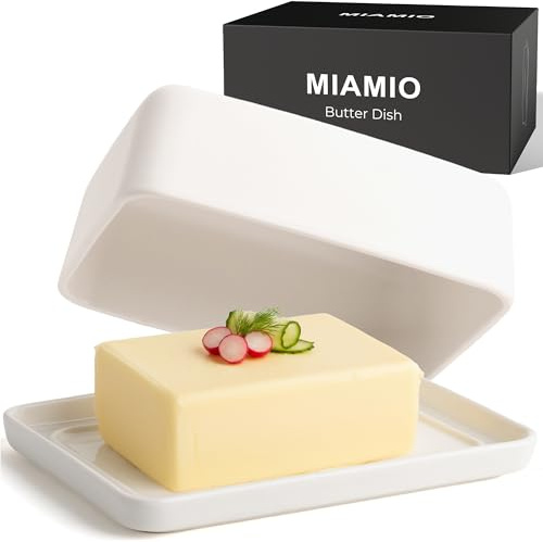 MIAMIO - Butter Dish with Lid (620 ml) Ceramic Butter Keeper / Large Butter Container, Dishwasher Safe Butter Dish with Lid for Countertop (White)