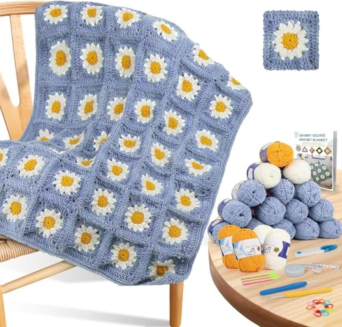 Coopay Crochet Kit, Crochet Blanket Kit, Includes Step-by-Step Instructions & Yarn, Crochet Starter Kits, Complete Crochet Kits for Beginners Adults to Learn Crochet Daisy Granny Square Blanket, Blue