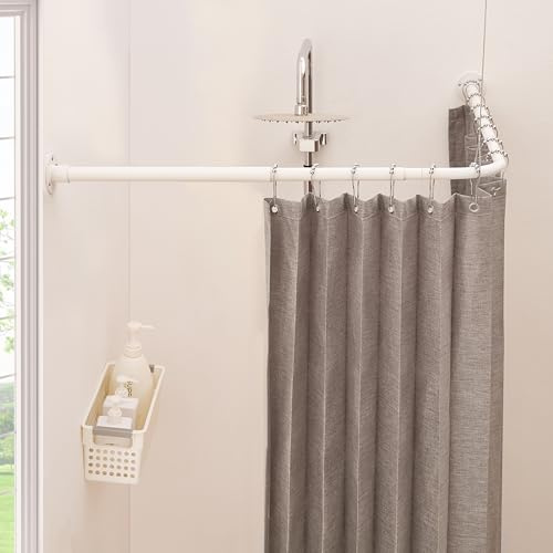 Asta per tenda da doccia a forma di L, asta curva per tenda da doccia, 62-122 cm x 62-122 cm, asta telescopica per bagno e vasca da bagno, in acciaio inox, con 12 ganci ad anello e supporto a soffitto