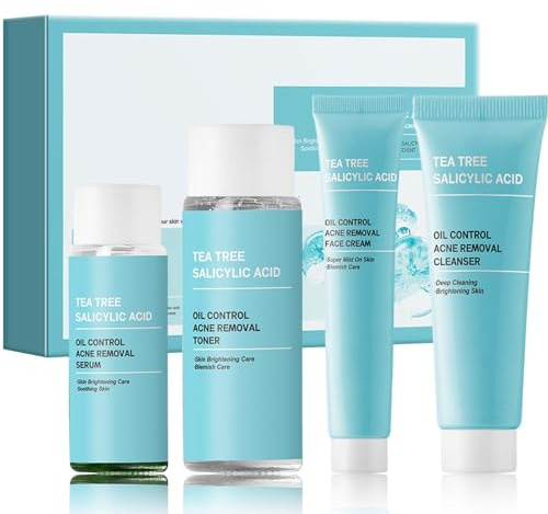 Teebaum skin care set - Salicylsäure Skincare Set Teenager Mädchen - 4 Stück Gesichtspflege Set Damen - Kosmetik Set Damen - Anti Pickel Geschenk Set mit Reiniger Gesichtswasser Serum Gesichtscreme