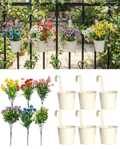Evolpor 6 x Fake Flowers with Flower Pots Sets, 10cm Metal Iron Hanging Flower Pots, Small Balcony Hanging Planters with Drainage Holes and Detachable Handles for Indoor Outdoor Home Garden Decor