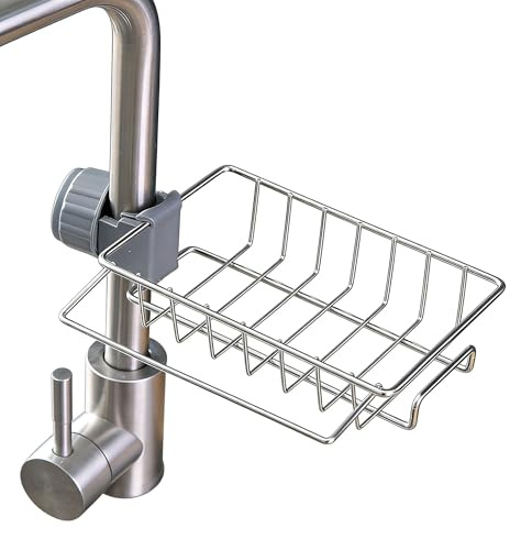 Étagère Douche Sans Percage Inox 304 Barre à Serviettes Incluse, Panier Évier Cuisine Antirouille Rangement pour Éponges et Torchons Fixation Clip-on pour Tringle 18-27mm Robinet Argenté