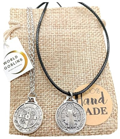 WORLD GOBLINS Collar de San Benito Plata | Set 2 Medallas de Protección Espiritual | Cadena Acero Inoxidable 316L 50 cm + Cordón Negro Ajustable | Amuleto Religioso Hombre Mujer Unisex
