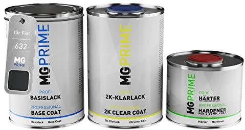 MG PRIME Vernice per auto Kit barattolo per Fiat 632 Nero Metallizzato/Schwarz Metallic Vernice di base 2K vernice trasparente indurente pronto all’uso 2,5L