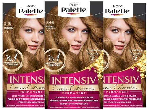 SCHWARZKOPF POLY PALETTE Intensiv Creme Coloration, Haarfarbe 546/7-5 Karamell Goldblond, 3er Pack (3 x 128 ml)