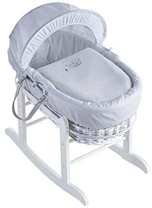 ELEGANT BABY Embroidered Sleepy Owl White Wicker Moses Basket with Deluxe White Rocking Stand, Adjustable Hood, Fibre Mattress & Padded Liner