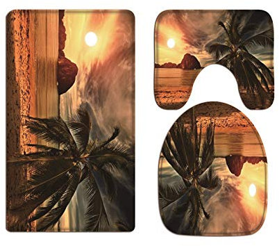 A.Monamour Badezimmer Badematte 3 Teilig Set Tropischer Strand Sonnenuntergang Meer Wellen Palme Natur Flanell WC Toilette Deckel Deckt Bad Matte Teppich Badteppiche Badvorleger Badgarnitur Vorleger