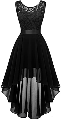 Women's Lace Chiffon High Low Cocktail Dress Wedding Guest Formal Black L