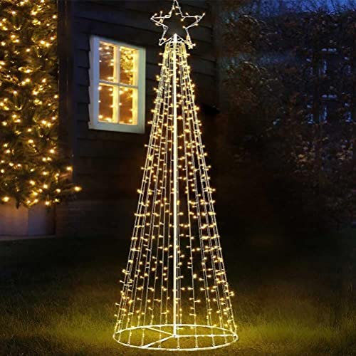 Albero di Natale Luminoso Altezza 220cm con 592 Luci 8 Giochi di Luce Struttura in Metallo Base 80cm Puntale a Stella Decorazioni Natalizie Interno Esterno IP44 (Warm White)