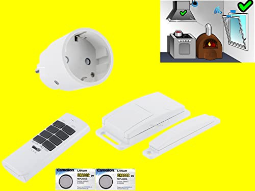 JKshop24 FUNK ABLUFTSTEUERUNG High-Tech-Abluft-Set Dunstabzugshaube Fensterkontaktschalter +Handsender 2300W Power-MINI-Zwischenstecker + Fenstersensor +2x Ersatzbatterie -EINSATZFERTIG ANGELERNT-