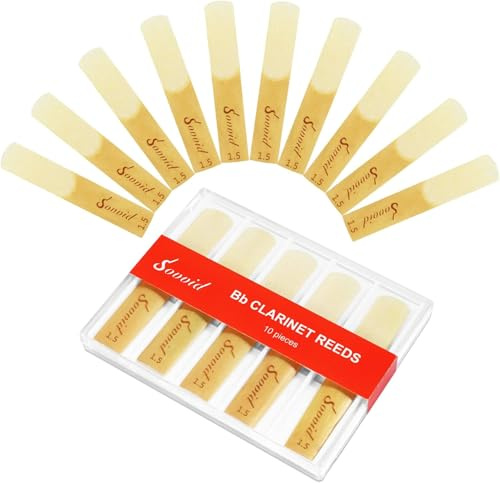 Sovvid Bb Clarinet Reeds - 10 Pack, Strength 1.5 with Plastic Box, Thinner Tip & Unfiled Cut for Easy Play