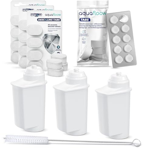 Aquafloow Kit d'Entretien Complet pour Machines à Café Compatible avec Bosch, Siemens | 3x Filtres à Eau de Rechange, Pastilles de Nettoyage 10x2g, 8x Pastilles de Détartrage, Brosse de Nettoyage
