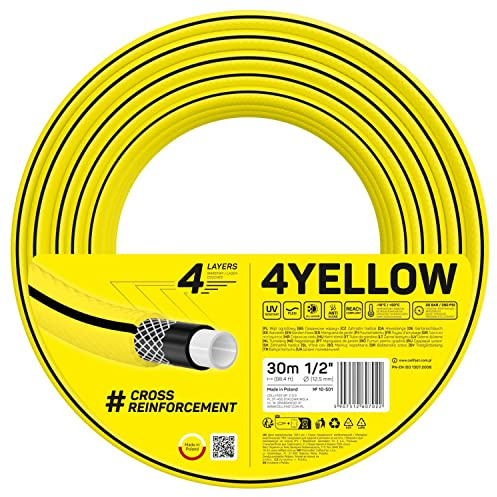 Cellfast YELLOW Trädgårdsslang Lätt Slitstark 4-Lagers Hållbar Korsfläta UV- Och Algbeständig Vridningsbeständig REACH-Teknik 20 Bar -10/+50° (1/2, 30)