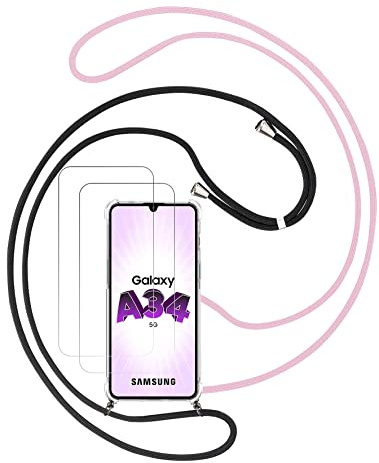 Funda para Samsung Galaxy A34 5G (6.6) con Cuerda, 2 Pack Protector Pantalla, Correa Carcasa Transparente Suave TPU Silicona con 2 Pack Cordón, Protección de Lente de Cámara, Negro+Rosado