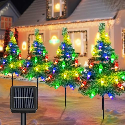 Fohil Sapin de Noël avec Guirlande Lumineuse Solaire, 4 Arbres de Noël avec Lumières Fraises, Lampes Solaires de Jardin avec 80 C6LED, Lumières de Noël, Décoration de Noël pour Extérieure Chemin Cour