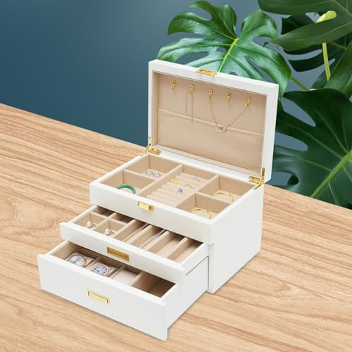 3 lager smyckeskrin trä smyckeskrin monter box förvaringslåda monter smyckeskrin ask gåvor lådor med lådor halsbandskrokar halkfria dynor stor rektangulär vit