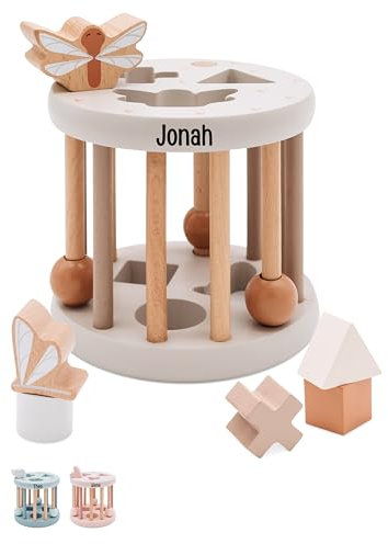 Bärenfreunde® - Personalisierter Formen-Sortier-Rad aus Holz - Montessori Würfel - Baby Motorikspielzeug ab 1 Jahr - Baby Spielzeug 1 Jahr (Nougat, mit Name)