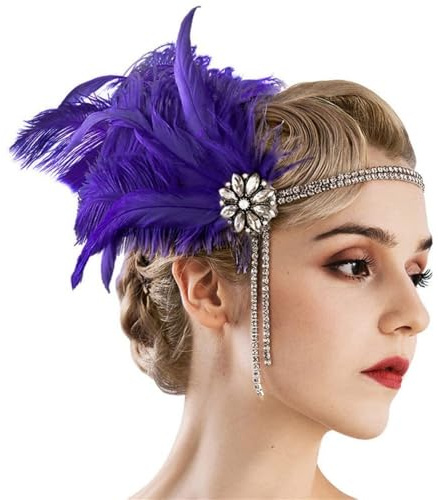 HIQIU 1920er Jahre Haarschmuck Damen - Flapper Kopfband mit Federn und Kristallen Gatsby Kopfschmuck Stirnband Feder Headpiece (Lila, Einheitsgröße)