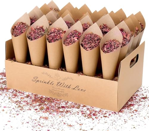 Halinuia 30 Cônes Confettis Mariage, 100g Fleurs séchées, Plateau de boîte de Support, Petale de Fleurs Séchées Mariage Confetti pour Décoration Mariage