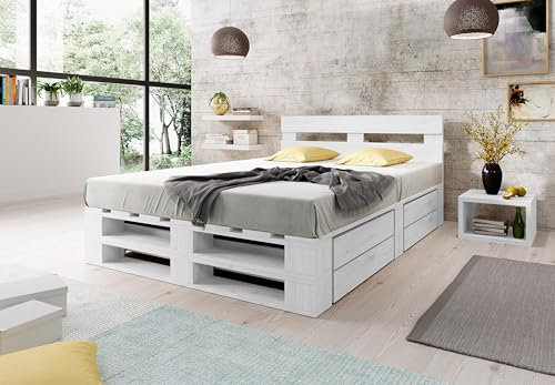 Lermowood Palettenbett M2 aus Holz 200 x 200 cm Weiß mit Kopfteil und 2 Bettkästen Holzbett 30cm Stabiles Seniorenbett Kinderbett Jugendbett Gästebett erhöhtes Bettgestell Futon Komforthöhe Naturholz
