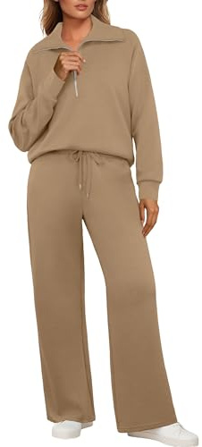 GRECERELLE Survêtement pour femme - Ensemble complet d'automne pour femme - Tenue de sport deux pièces - Manches longues - Demi-fermeture éclair - Pull décontracté et pantalon de jogging avec poches
