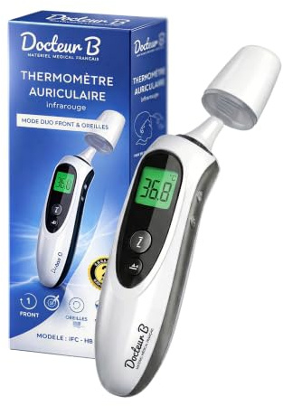 Thermomètre Auriculaire Infrarouge Docteur B – Mesure en 1 Seconde, Écran LCD, Alarme Fièvre, Embouts Hygiéniques Inclus – Bébé, Enfant & Adulte – Dispositif Médical CE