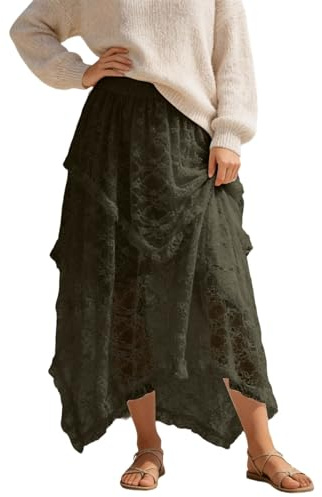 Jupe asymétrique midi bohème en dentelle à broderies florales ethniques