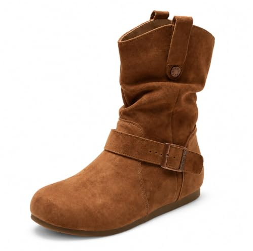GemChve Bottines Femme Style Western Slouch Cowgirl avec Boucle Métallique Semelle Plate pour Quotidien, Festival & Loisirs 35-40 EU