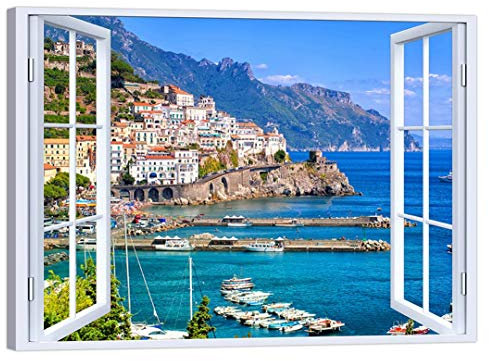 LuxHomeDecor Quadro Finestra Costiera Amalfitana 80x60 CM Stampa su Tela con Telaio in Legno Arredamento Arte Arredo Moderna