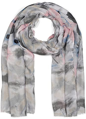 styleBREAKER Damen Schal mit buntem Batik Blumen Muster und kurzen Fransen, leichtes Tuch, Stola 01016212, Farbe:Grau-Rosa