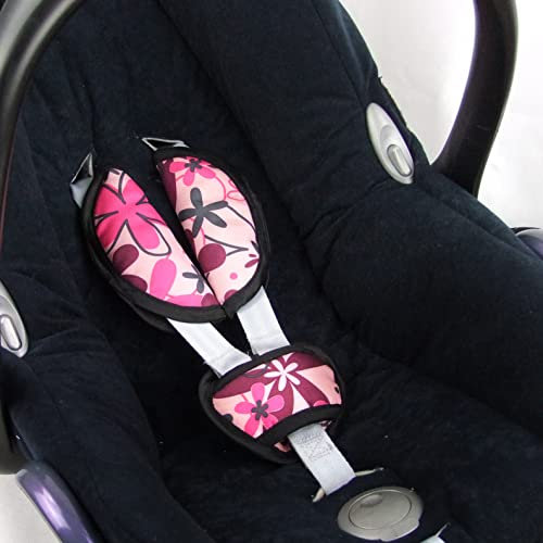 BAMBINIWELT Gurtpolster Set universal für Babyschale Autositz kompatibel z.B. mit Maxi Cosi Cybex Design (rosa pinke Blumen)