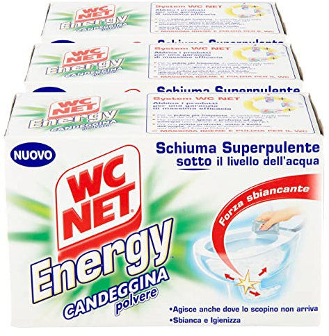 Wc Net - Energy con Candeggina, Detergente Igienizzante in Polvere per WC, Schiuma Autopulente con Azione Sbiancante, 4 Buste x 3 Confezioni