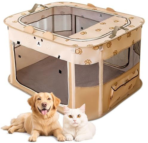 ALLSOPETS Parc pour Chien Pliable, Enclos Portable pour Chiot Chat Lapin, Tente Respirante d’Intérieur/Extérieur avec Sac de Transport, Idéal pour Voyage et Camping (Ours Marron, XXL)