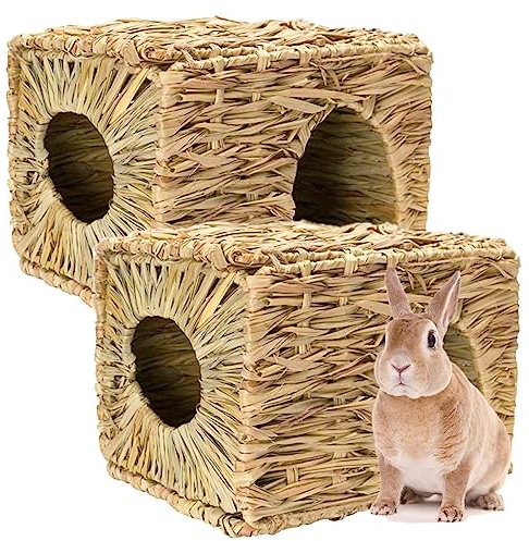 Auto-plaza Foldable Grass Woven Animal Hut Bunny House Play Hideaway Bed Mat Chew Toy for Rabbit Guinea Pigs Gerbils Hamster (12x8x8)