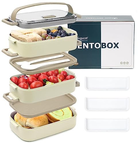 Bugucat Lunch Box 2400ML, 3 in 1 PP Plastica Bento Box con Scomparti e Posate, Porta Pranzo Contenitori per Microonde Bento Box con Scomparti Bambini Contenitori,Lunch Box Per Scuola Ufficio Picnic