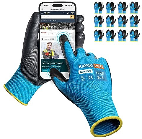 KAYGO Work Gloves PU Coated 12 Pairs Touchscreen, KG11PLE, Safety Working Gloves with Secure Grip on Palm & Fingers, for Men and Women, Ideal for General Duty Work, Gardening (Large, Blue)