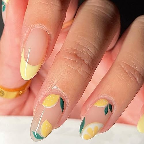 24 Pièces Amande Faux Ongles Moyen Français Press on Nails avec Autocollant Adhesif Couverture Complète Naturel Ongles à Coller Artificiels pour Femme et Fille DIY Manucure (Jaune Citron)