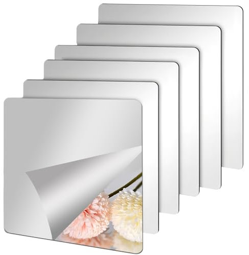 DONGDA Acrylic Stick on Mirror Flexible, 6PCS Self Adhesive High Clear Frameless Stickers, 2MM Thick Tile Wall Mirrors for Bedrooms Bathroom(20x20cm) (6PCS), (DD-JJZ-02)