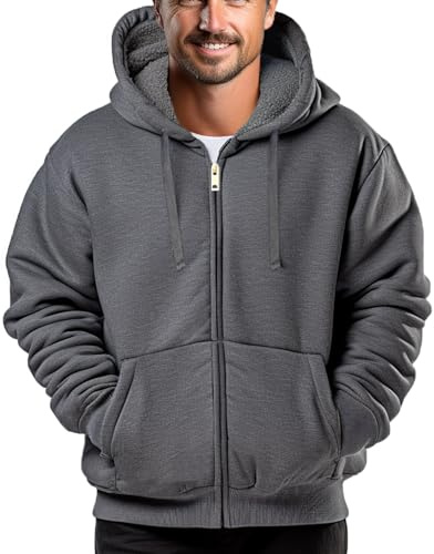Dicodoum Sudadera con capucha y cremallera completa para hombre, sudadera con capucha y forro polar Sherpa para invierno, cálida con bolsillos delanteros tipo canguro, Gris oscuro (sudadera), X-Large