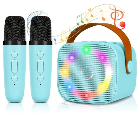 Carastek Karaoke maskin, mini, bärbar, bluetooth, karaokemaskin med 2 trådlösa mikrofoner för barn, vuxna, med röst, växlande effekter och LED-ljuseffekter, pojkar, flickor, presenter, hemfest (blå)