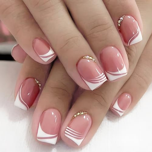 MrCuvaryas French Press On Nails Kurz, 24 Stück Französischer Nägel Zum Aufkleben, Natürlich Acrylic Künstliche Nägel mit Nagelkleber, Glossy Kunstnägel Selbstklebende Nail tips für Frauen ＆ Mädchen