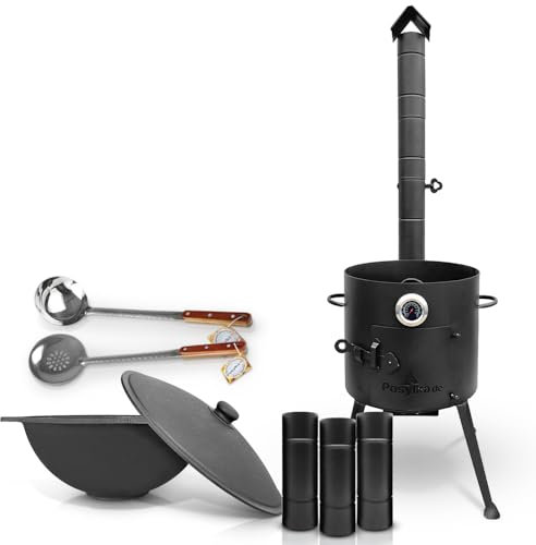 KazanoFF KazanoFF Kazan - Termómetro de extensión para chimenea (3 unidades, 25 cm, base plana, diámetro de 36,7 cm, 10 L), cucharón de 48 cm, cañón de goulash KazanoFF Kazan (juego 3)