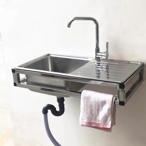 EMENAR Évier Mural À Une Cuve En Acier Inoxydable, Station De Lavage Des Mains Utilitaire Avec Robinet Et Divers Accessoires, Pour Garage, Jardin, Cuisine, Buanderie