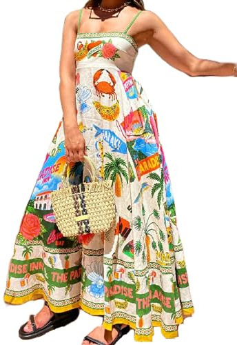 YILEEGOO Women Cotton Linen Spaghetti Strap Long Maxi Dress Ethnic Snake Print Summer Casual Sleeveless Maxi Cami Dress (Q1-Multicolor, L)