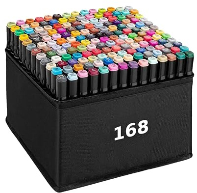 Home Markt24 Lot de 168 marqueurs à alcool double face + pochette – Durable, étanche, parfait pour les artistes et les livres de coloriage