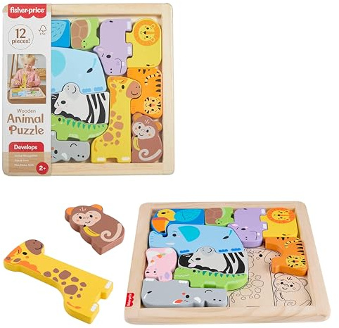 Fisher-Price Toddler Toy Wooden Animal Puzzle, Shape-Sorting Activity with 13 Wood Pieces for Preschool Kids Ages 2+ Years, JFG10