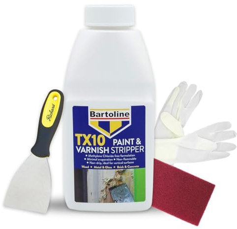 Paint Stripper Kit with Bartoline TX10 Gel 500ml + Scraper, Brush, Gloves & Mask–Heavy Duty Paint and Varnish Remover for Easy Coating Removal on Wood, Metal, Concrete – Great for DIY & Trade Projects