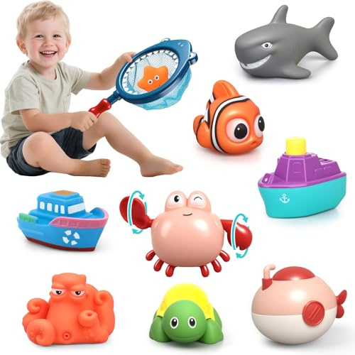 10PCS Bath Toys for Kids, Bathtub Boat Water Squirters, Wind up Swimming Pool Toys, Bath Time Cute Accessory, Floating Ocean Animals for Boy Girl Shower, Water Spray Game Gift with Fishing Net