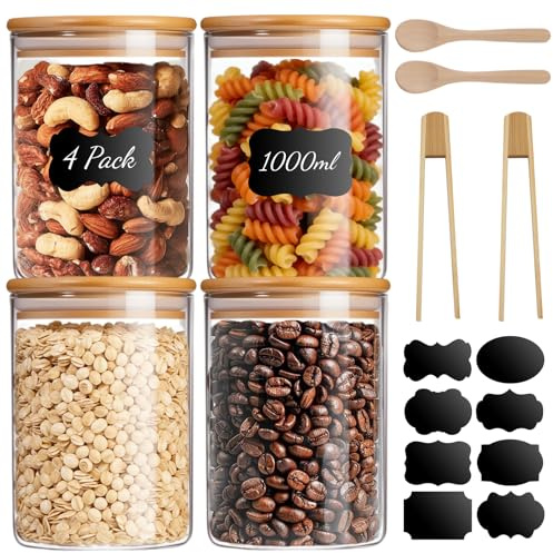 lafo Set of 4 1000ml (1 Litre) Glass Storage Jars with Lids, Borosilicate Glass Airtight Food Storage Containers, Includes Wooden Spoons & Bamboo Tongs for Pantry, Kitchen