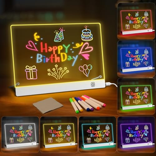 Tableau lumineux Message LED 30x20cm, Tablette lumineuse Dessin Enfant, Tableau Magique Acrylique Effaçable avec 7 couleurs Stylo,Pour Café,Maison,Bureau